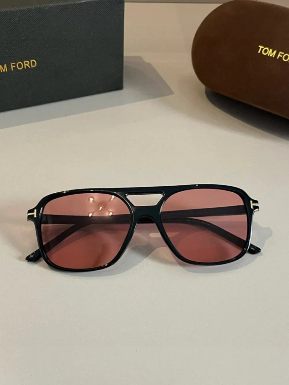 TOM FORD Red-Frame Gold T Sunglasses